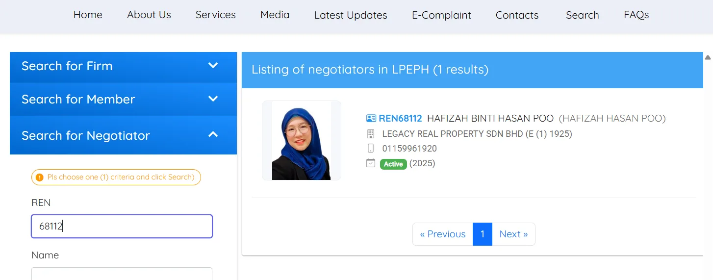 Nombor REN Perunding/Ejen Hartanah